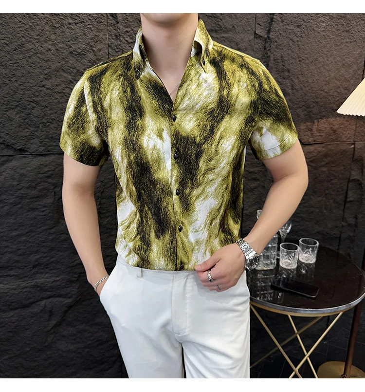 Description Picture 3 of itemSummer Mens Casual Shirts Hot Sale Stylish Print Short Sleeve Men's Social Shirt Dress Slim Fit Turn Down Collar Tuxedo Big Size