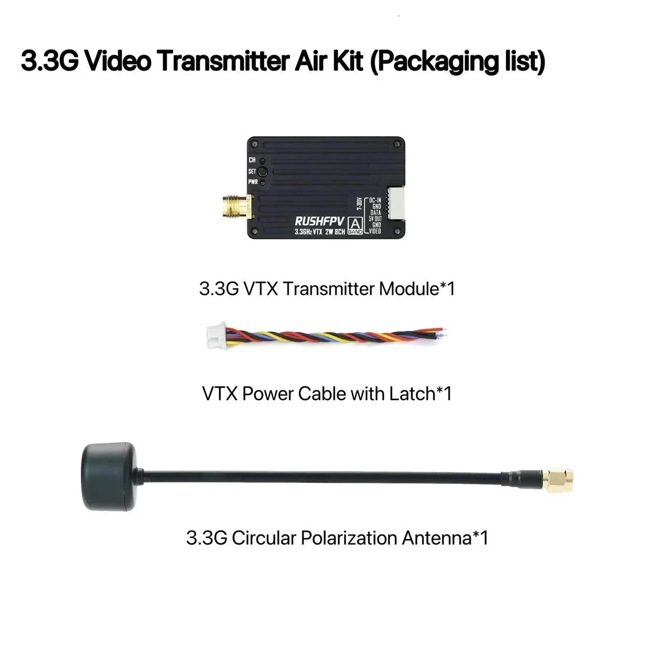 Description Picture 4 of itemRUSHFPV 3.3G 2W VTX Transmitter FPV Transmitter Receiver DVR Module with Antenna For RC Long Rang Racer FPV Drone