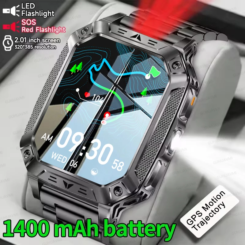 2026 Outdoors Durable GPS Men Sports Smart Watch 2.01” 1400mAh Battery LED Flashlight Waterproof Bluetooth Call Military Watch 1