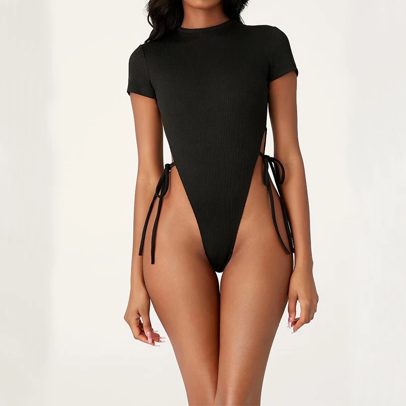 

BKLD Sexy Bodycon Knit One Piece Drawstring Shirring Rompers Women Short Sleeves Solid Base Crew Neck Off Waist Ribbed Bodysuits