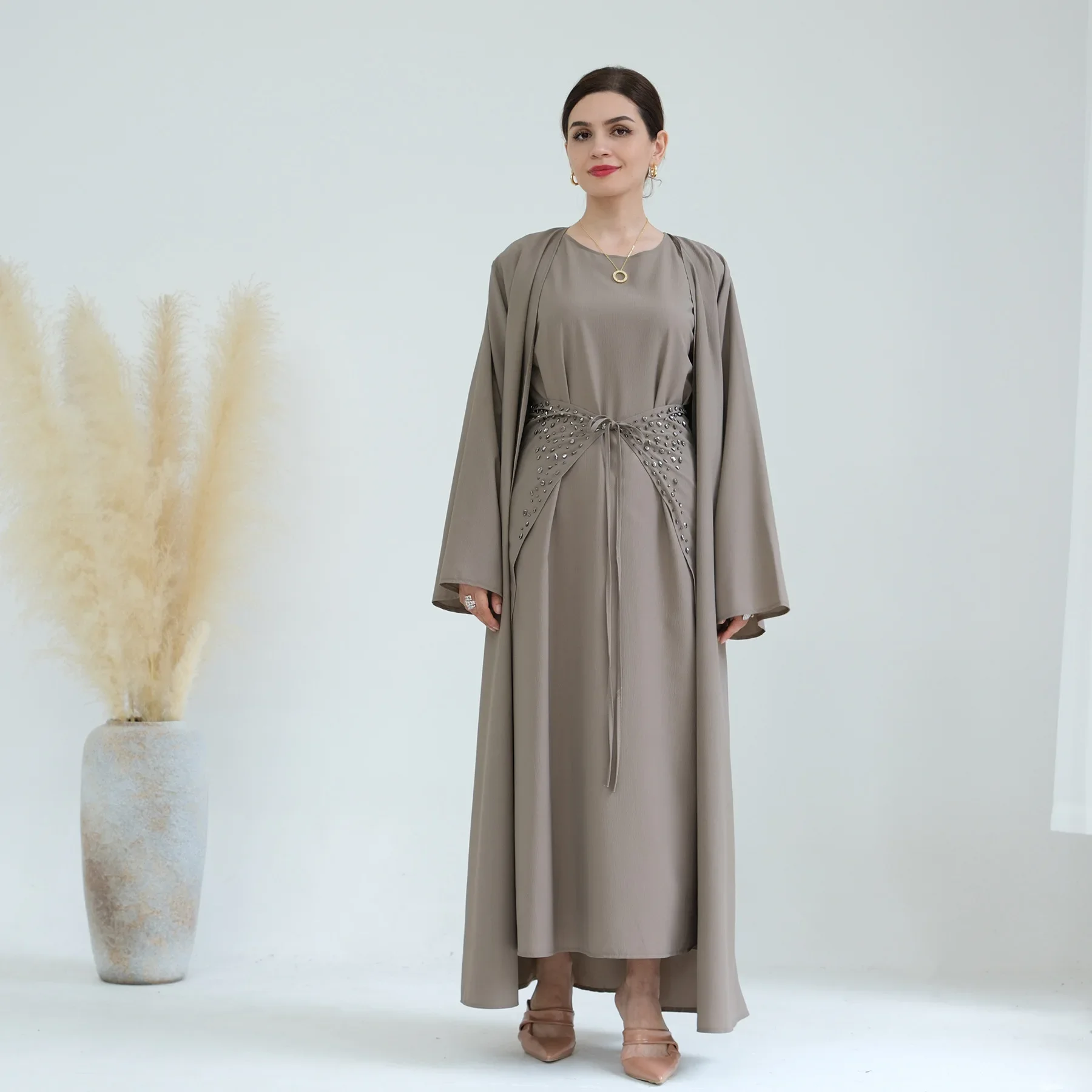 3 Piece Abaya Kimono Wrap Skirt Matching Outfit Muslim Sets Turkey Hijab Dress Pineapple Crepe Open Abayas for Women Dubai Islam