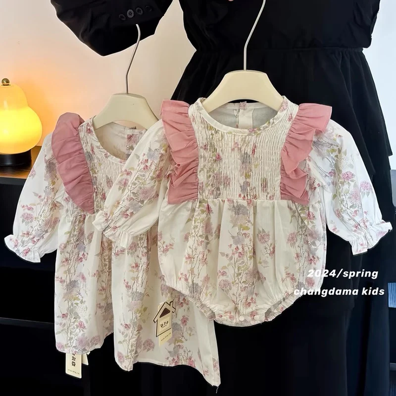New Autumn Baby Sister Dress Cotton Floral Print Rompers Pink Ruffled Clothes Casual Dress Sister Matching Kids Clothing Outfit 2