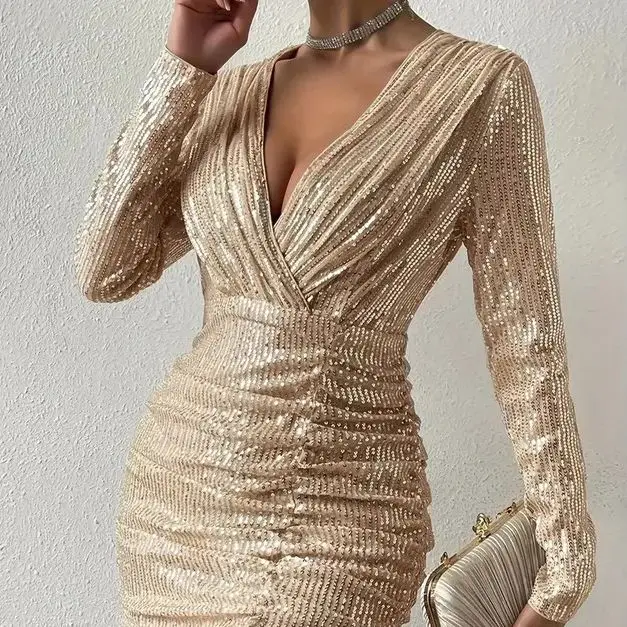 

MUXI Spring/summer New Women's Sequin Pleated Party Dresses Long Sleeved V-neck Sexy Nightclub Solid Color Ceremonial Dress