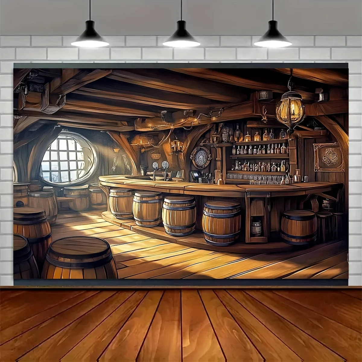 1 x Polyester-Fotografie-Hintergrundbanner, Piratenbar, Retro-Stil, Bar-Innenraum und Fass-Party-Hintergrundtuch – Detail 7