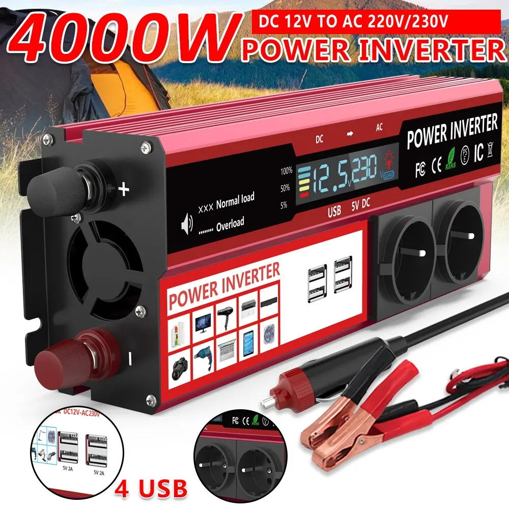 Inversor de Corriente 12v a 220v 1000w 4 USB 3 Sockets Pantalla