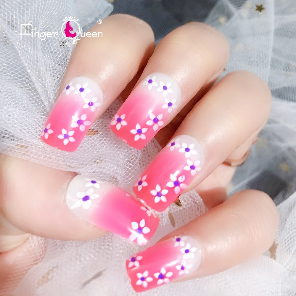 

24Pcs/Box Press On Nails Acrylic Nail Tip Jelly Sticker Cute Style Fake Nails With Pink Flower Patterns Nail Supplies