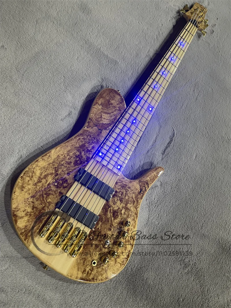 5 Strings Bass Guitar LED Inlay Maple Neck Though ASH Wood Body Burl