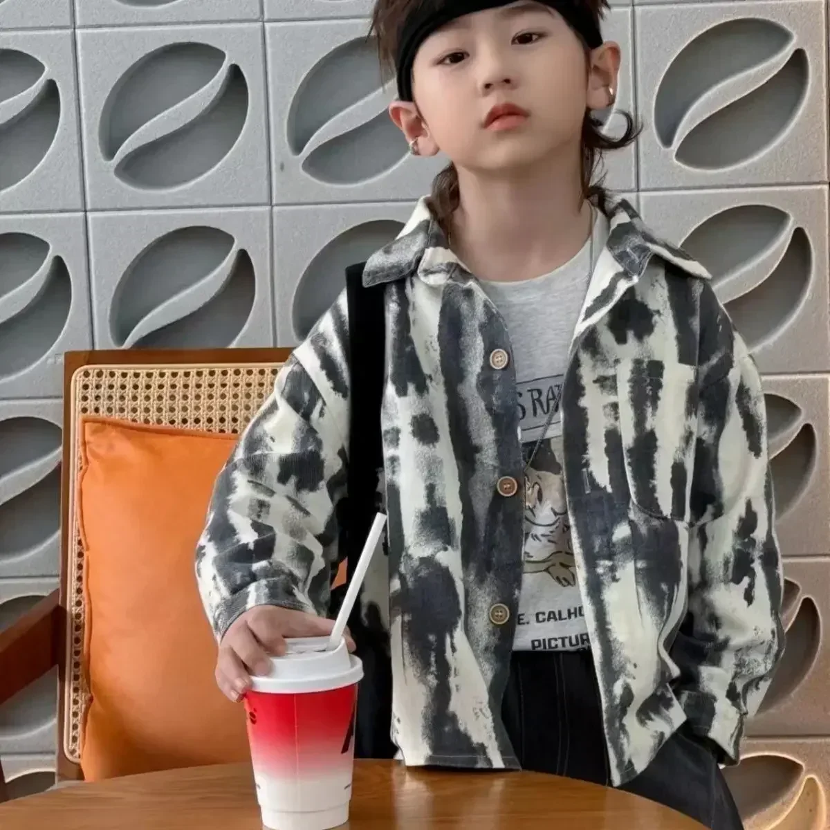 Children's Denim Cotton Shirt Spring Autumn Baby Boys Shirt Tie Dye Full Print Single Breasted Coat School Uniform for Boys