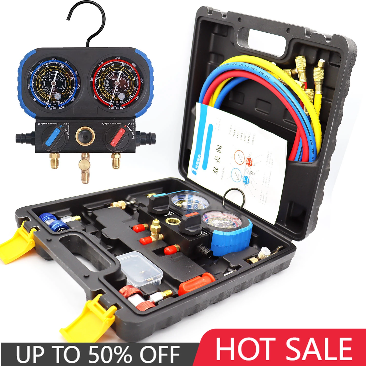 Tool Kit Set Car Air Conditioning Pressure Manifold Gauge Hose Adapter for R22 R 410A R 134a R