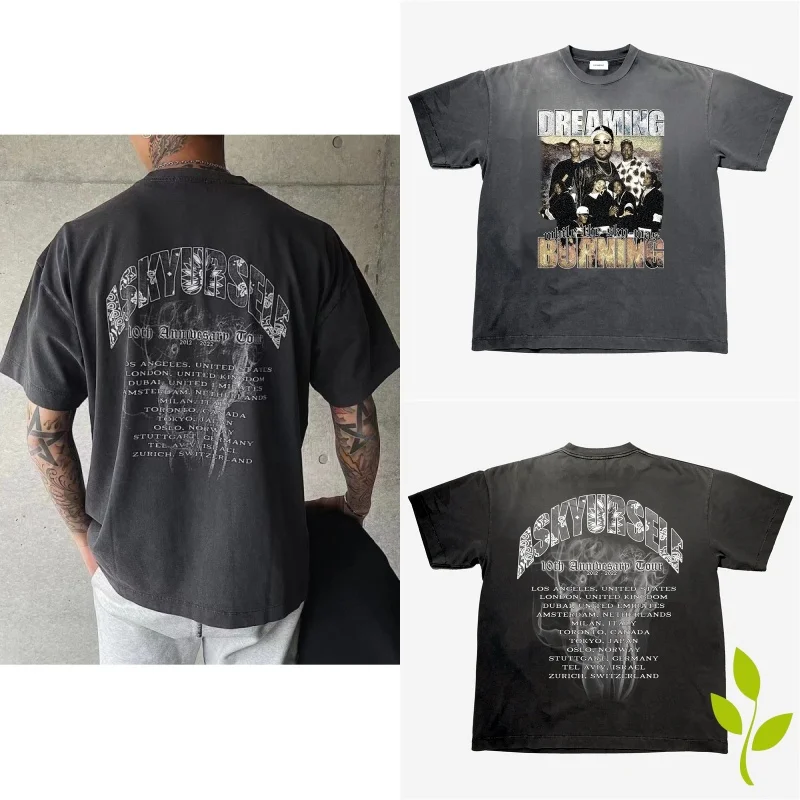 

Washed Black Askyurself T-shirts Make Old Vintage Cashew Flower Prints Short Sleeve Tshirt Men's and Women's Hip-hop Artist Tees