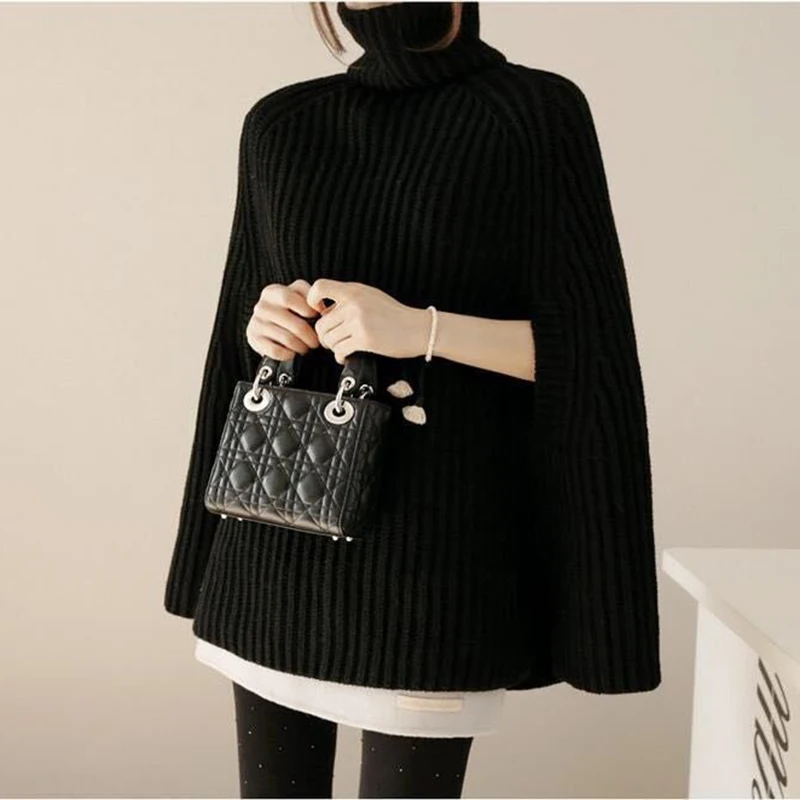 Batwing Knitted Tops Loose Oversize Sweater Autumn Winter Fashion Women Cloak Poncho Female Sexy Turtleneck Sweaters Khaki 