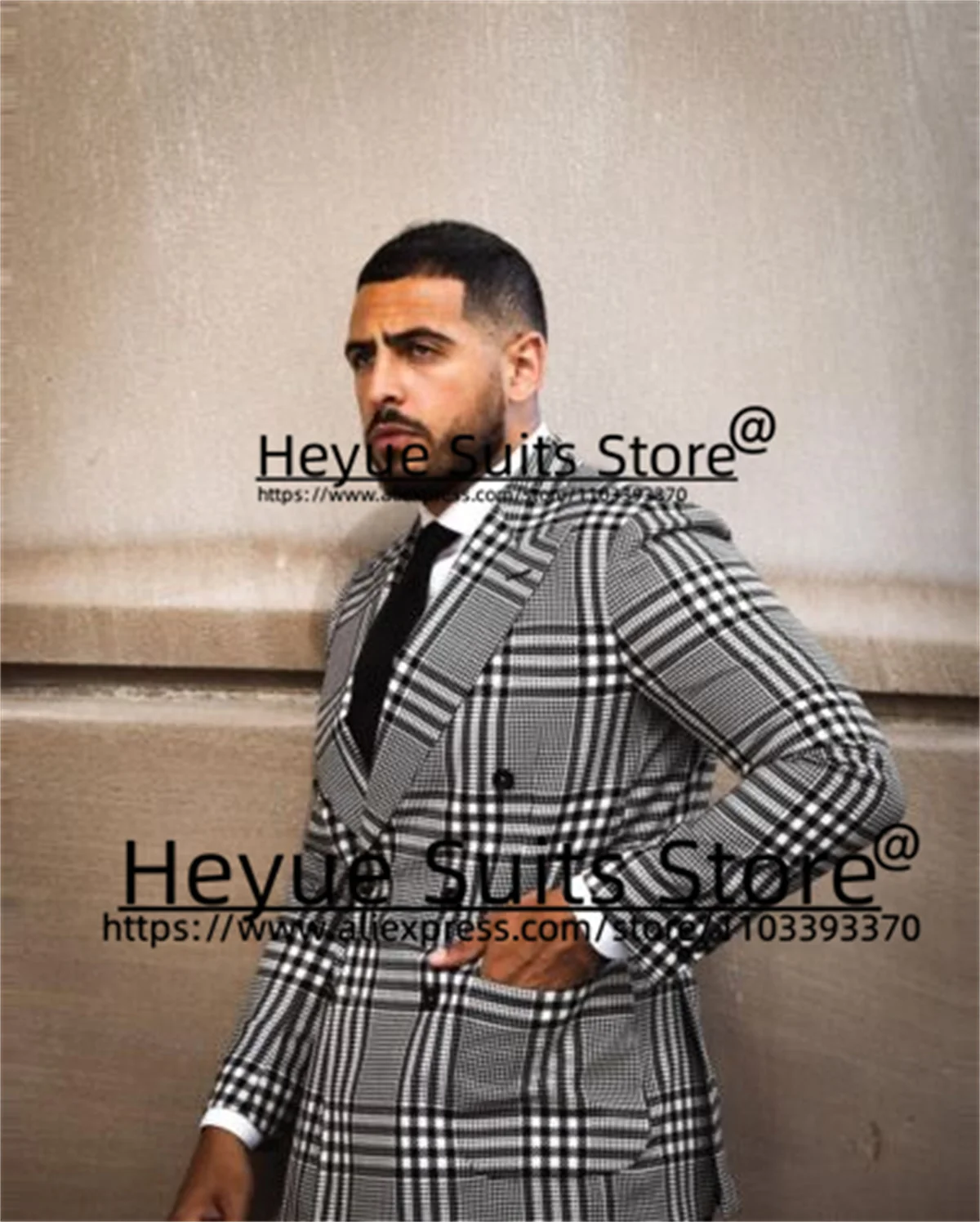 Luxuly Houndstooth Classic Men Suits Slim Fit Double-breasted Groom Formal Tuxedos 2 Pcs Sets Business Male Blazer Costume Homme