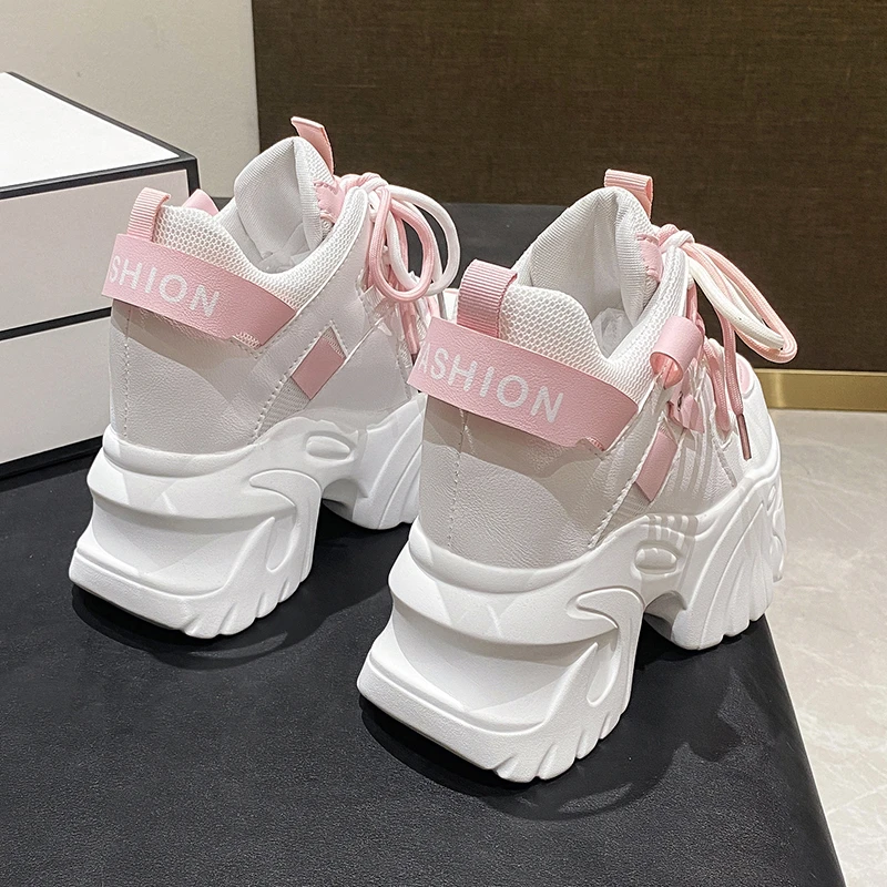 10.5CM Women Platform Sneakers Lace-up Autumn Sports Dad Shoes High Top Chunky Casual Shoes Woman Thick Bottom Mesh White Shoes