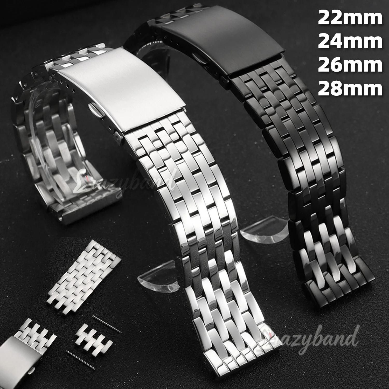 Elegant Solid Stainless Steel Watch Strap with Metal Fold Buckle - Universal Size
