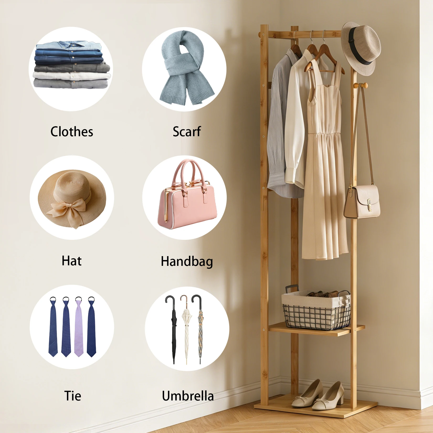 Bamboo Corner Coat Rack Stand Hall Tree Entryway Clothing Organizer Eco-Friendly Storage for Living Room Bedroom - 2