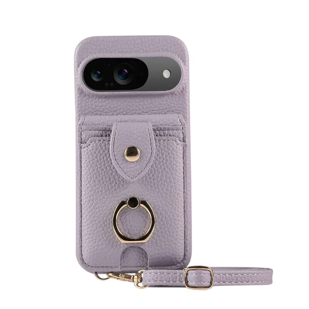 Dual-Function Leather Phone Case with Crossbody Ring and Mirror Wallet