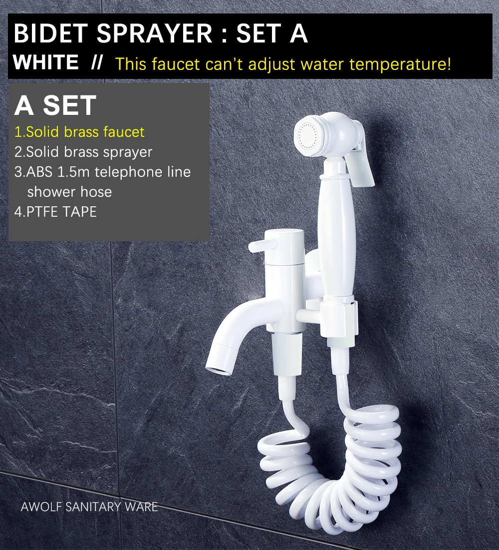 Description Picture 4 of itemAwolf White Bidet Faucet Handheld Toilet Bidet Sprayer Set Solid Brass Filling Valve Shattaf Douche Kit Toilet Washer Tap AP2300
