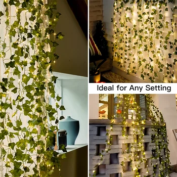 Battery Powered Artificial Ivy LED String Light Green Leaf Fairy Lamp Wedding Party Christmas Home Room Wall Wreath Decoration