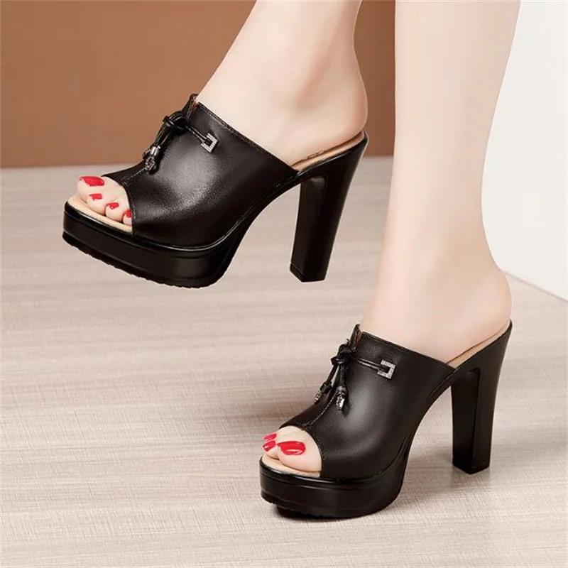 

10cm Elegant Rhinestone Block High Heels Shoes Summer Slippers Platform Slides Soft Leather Office Model Lace-up slippSize 32-43