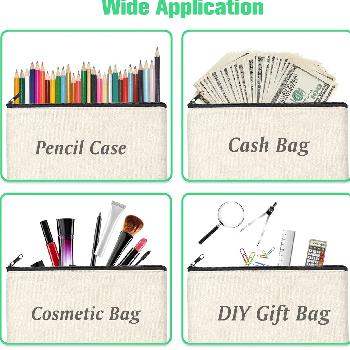 12PCS DIY Blank Canvas Beige Makeup Bag with Zipper - 8.3" x 5" Bulk Cosmetic Pouches for Travel, Storage, and Stationery 4