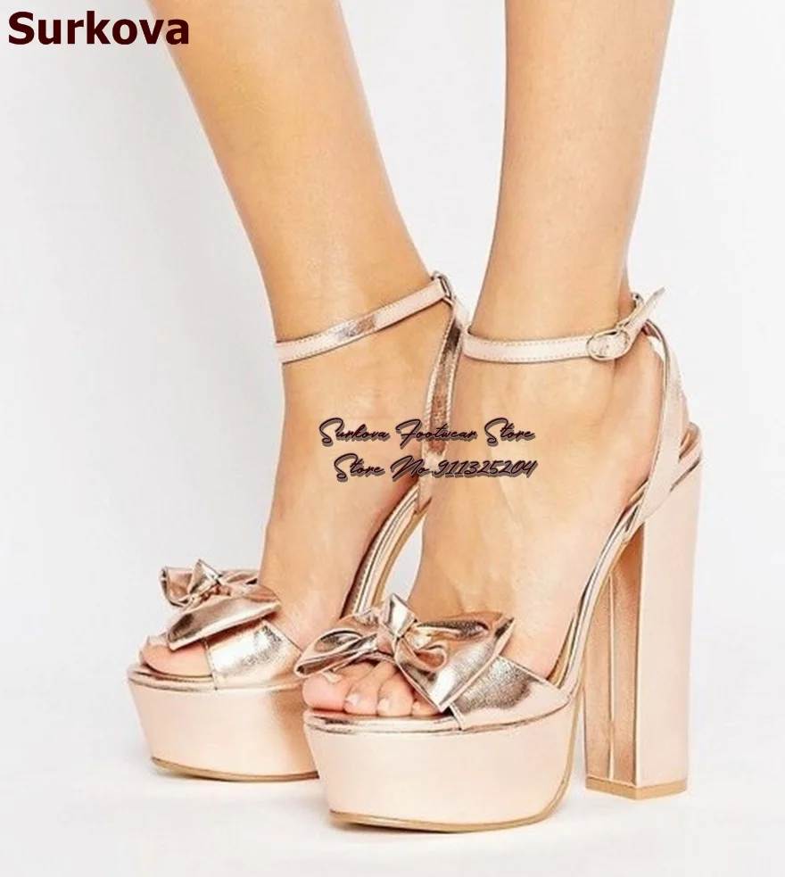 

Surkova Champagne Gold Metallic Matte Leather Butterfly-Knot Sandals Chunky Heel Platform Elegant Bowtie Wedding Shoes Buckle
