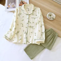 2026 New Spring/Summer Women's Pajama Set 100% Cotton Crepe Long Sleeve Long Pants Large Home Clothes Two Piece Set Sleepwear