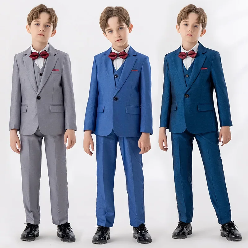 Boys Blue Grey Slim Fit Suits Formal Wear Childrens Teenagers Best man Performance Host Clothes Kids Students Party Full Dress
