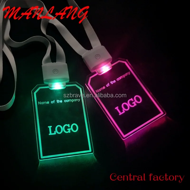 Custom  Promotional Customized Concert Props 15 Colors Acrylic ID card Holder Acrylic Colorful Flashing Badge Glowing LED Lanyar