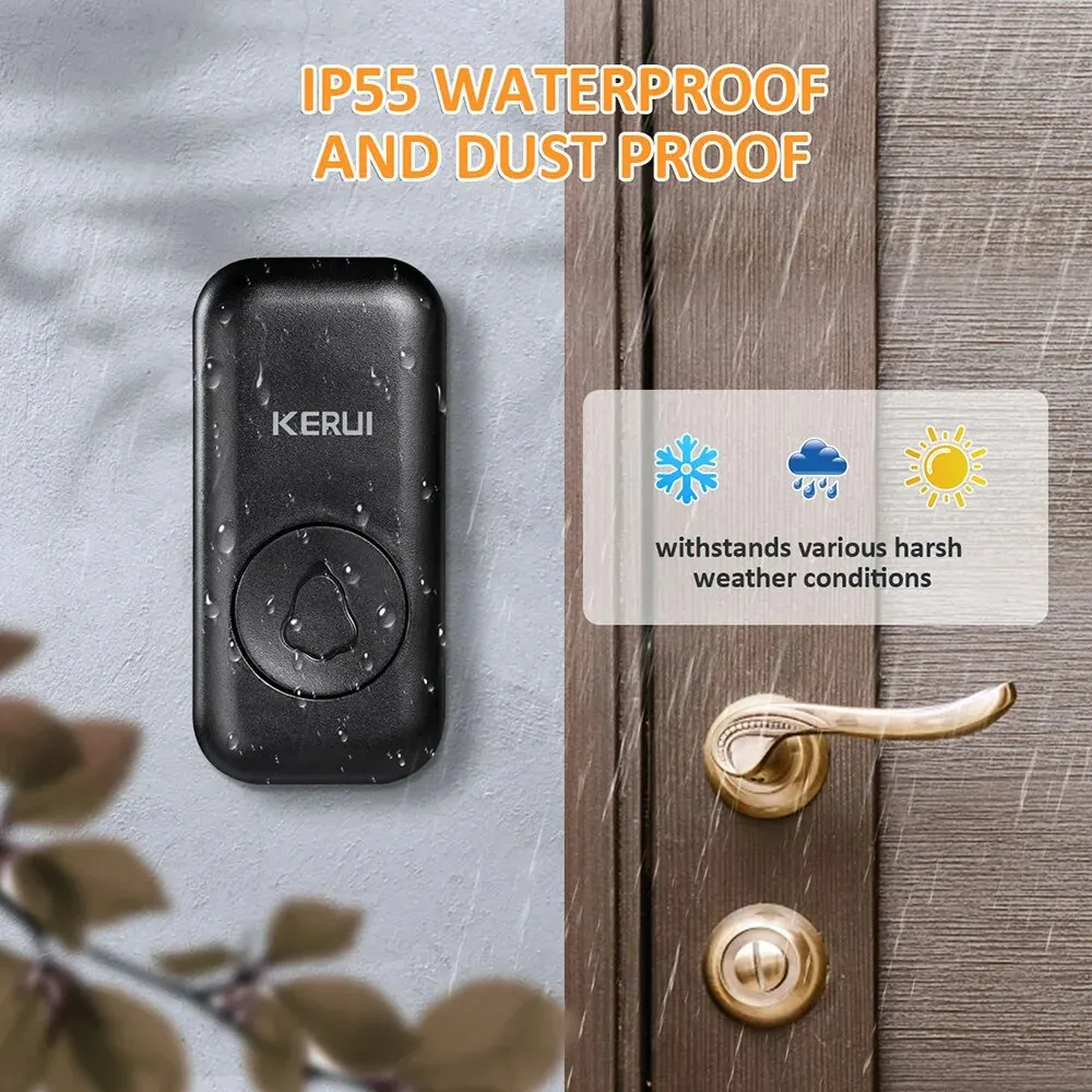 KERUI bezdrátový doorbell pro domácí vodotěsný dveře chime souprava 57 zvonkohra melodies 4 objem chytrá dveře zvon 2 knoflíků +2 receivers