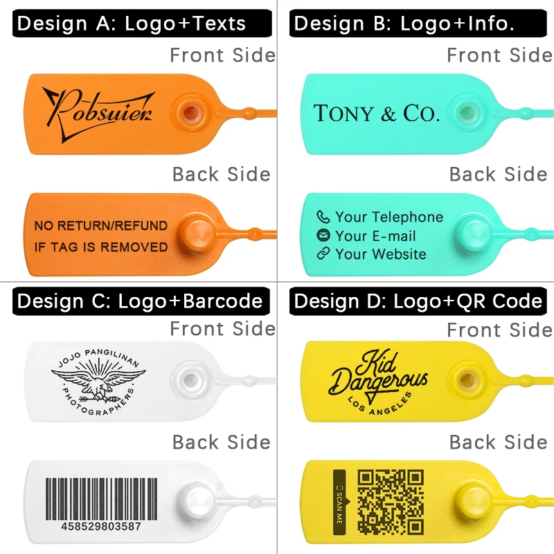 100개 맞춤 의류 행택 개인 맞춤 플라스틱 보안 씰 인쇄 의류 신발 가방 제품 로고 선물 라벨