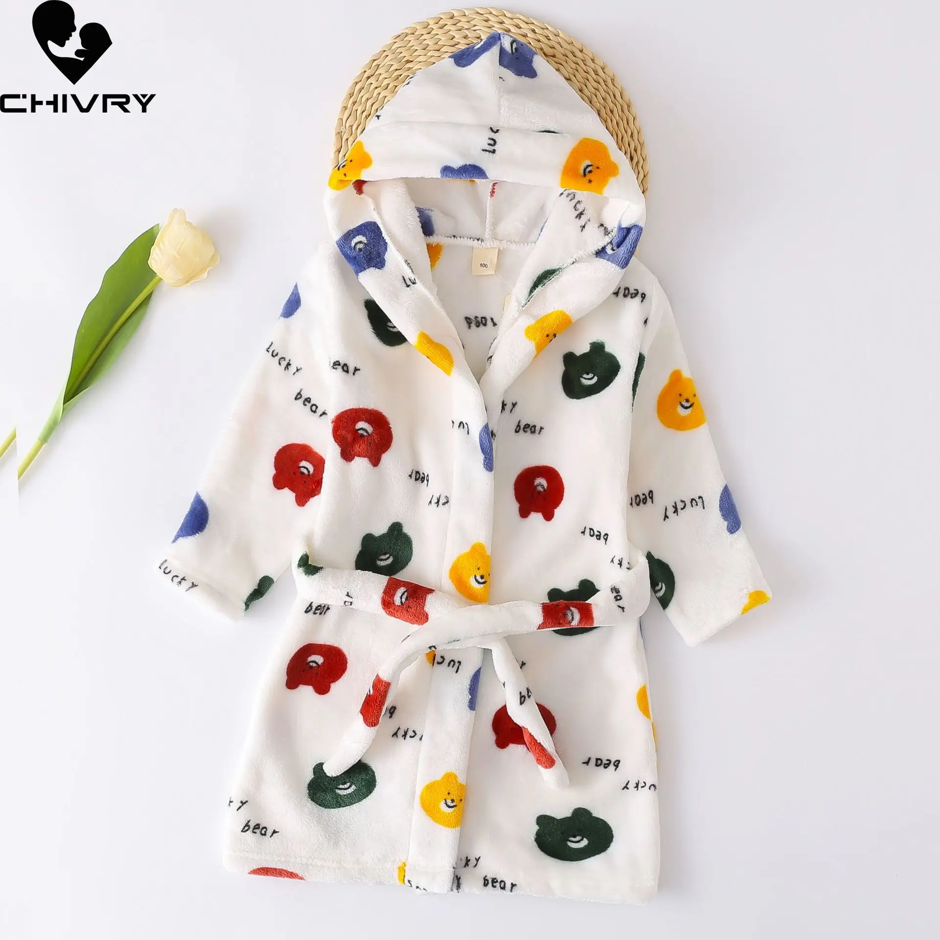 Autumn Winter Kids Hooded Soft Flannel Bathrobe Baby Bath Robes Boys Girls Cute Cartoon Bear Pajamas Long Sleeve Towel Robe