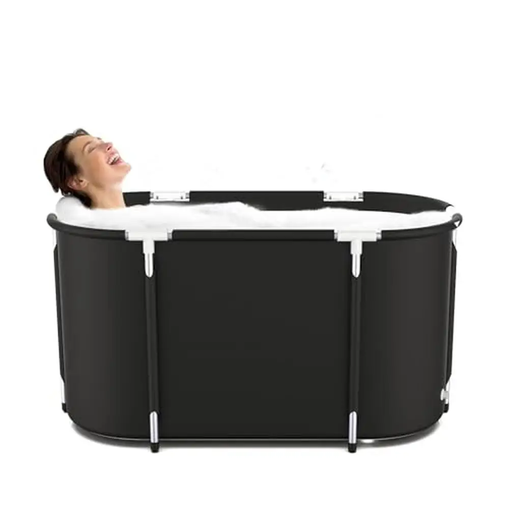 Portable Collapsible Bathtub Aluminum Alloy Large Space with Double Drain Black Easy Install Foldable Adults Soaking Tub Storage 2