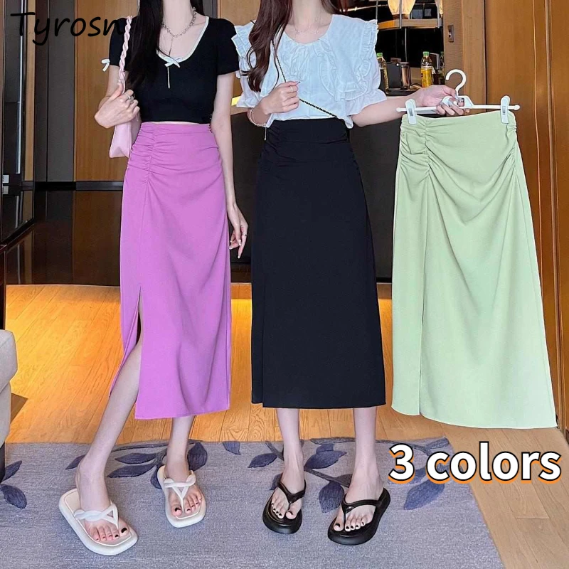 

Skirts Women Side-slit Design Minimalist Pure All-match Slim Sweet Elegant Summer Folds Chic Faldas Korean Style Ladies Casual