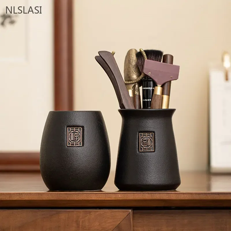 Black Ceramic Tea Ceremony Six Gentlemen Home Tea Making Tools Storage Container Spoon Tongs Chinese Accessories tea cutter,tea needle set