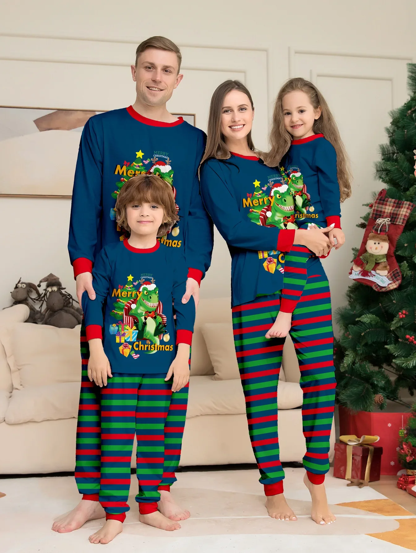 Merry Christmas Dinosaur Print Matching Outfits for Family 2024 New Cute Soft Adults Kids Pajamas Set Baby Dog Romper Xmas Look