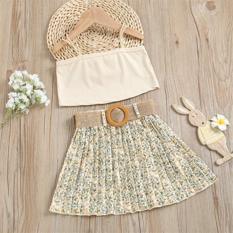 Baby Girl Clothes Set 0-6Y Spring Summer Fashion Solid Color Sling Top + Floral Pleated Skirt Girls Clothing Baby Two-piece Set Baby Clothing Set near me