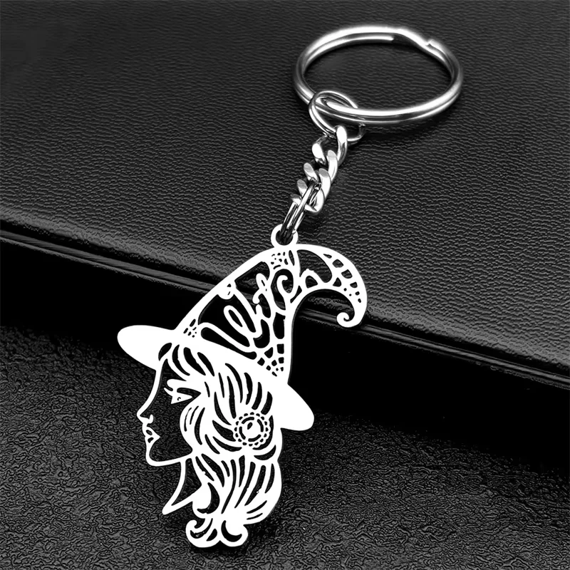 Hexerei Magie Mädchen Hexe Hut Schlüsselanhänger für Frauen Männer Edelstahl Schwarz Farbe Halloween Schlüsselring Schmuck llaveros kawaii – Detail 5