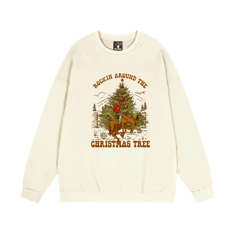 Rockin Around Christmas Tree Cowboy Rodeo Sweatshirt Hoodies Süße Western Vintage Frauen Weihnachten Lustige Grafik Top Urlaubsgeschenk – Detail 4