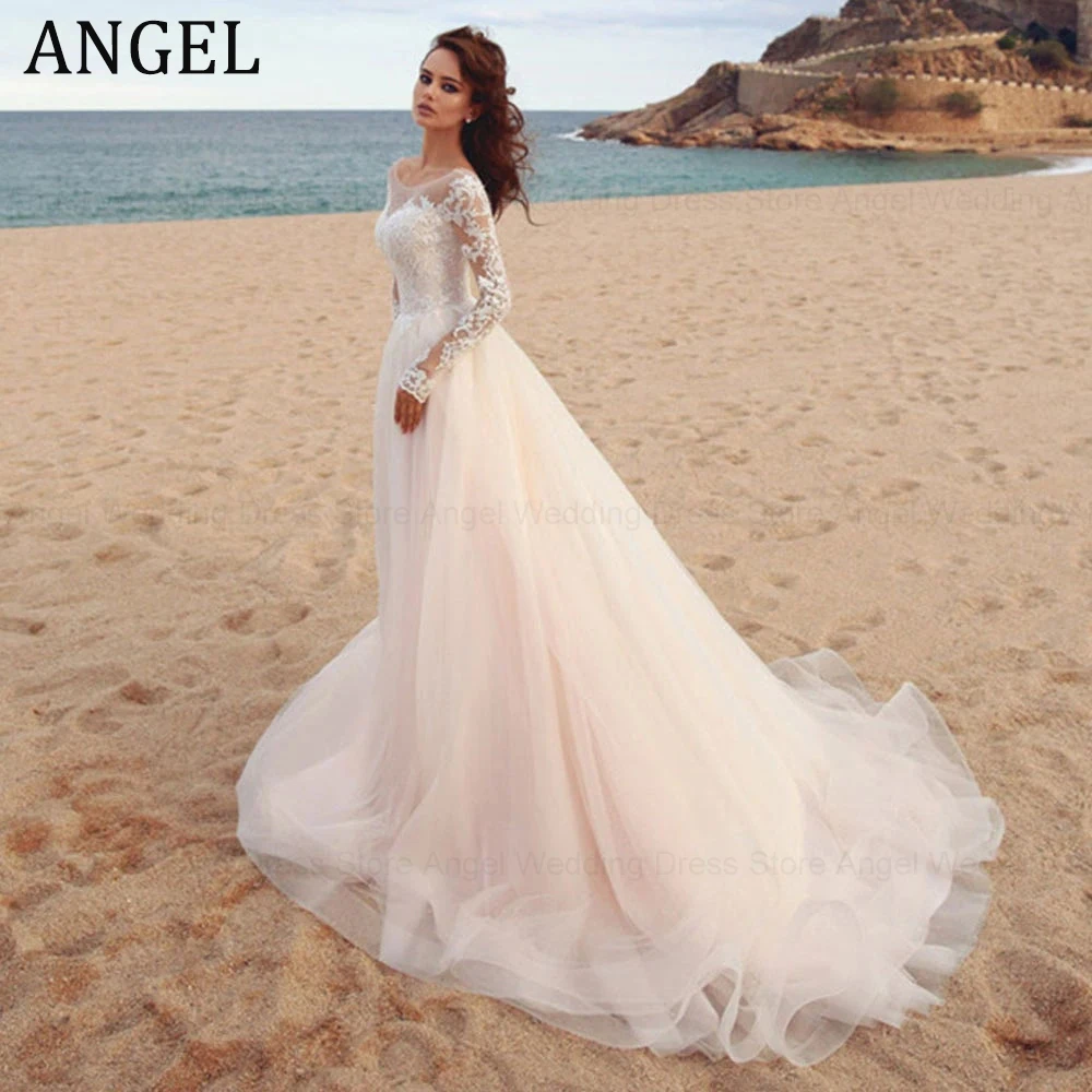 

ANGEL Beach Lace Wedding Dress 2024 Bride Dresses Scoop Neck Long Sleeves Applique A Line Tulle Bridal Gown Robe De Mariage