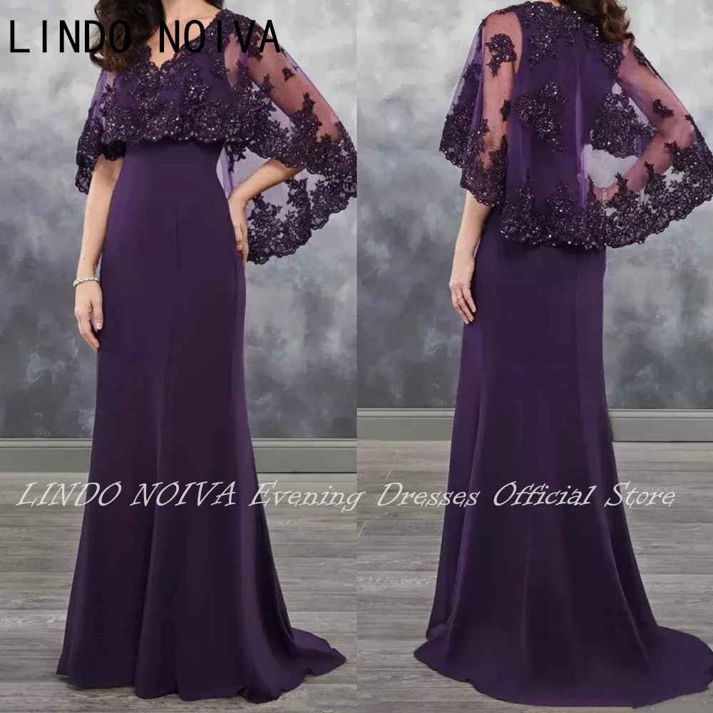 

Long Purple Mother of the Bride Dresses with Cape Shawl Wrap Sparkly Sequins Lace Wedding Party Mother Of The Groom Evening Gown