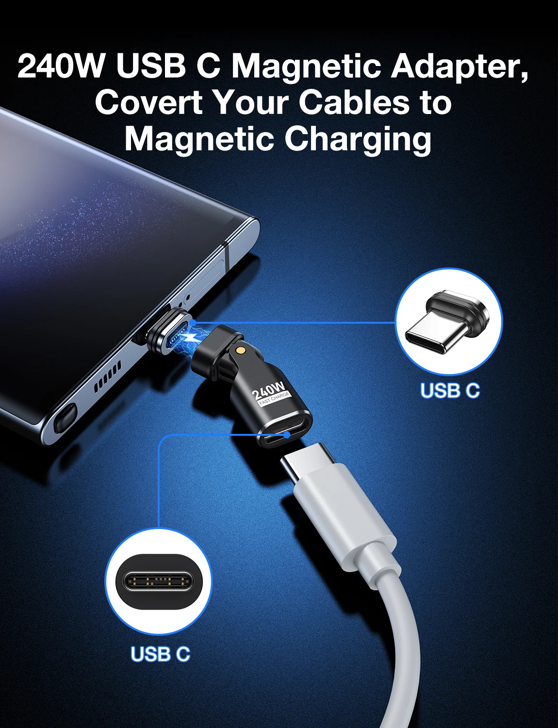 240W Type C Adapter 16Pin USB-C to Type-C Fast Charging Cable Magnetic USB C Female Converter Macbook iPhone 16 15 Xiao AUFU