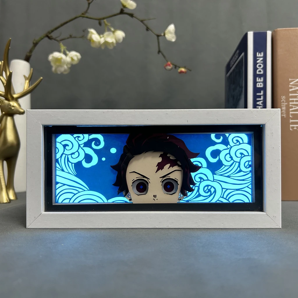 

Anime Figures Light Box Home Decoration Manga Paper Carving Lamp For Children's Room Tanjiro Kamado Face Eyes Night Light