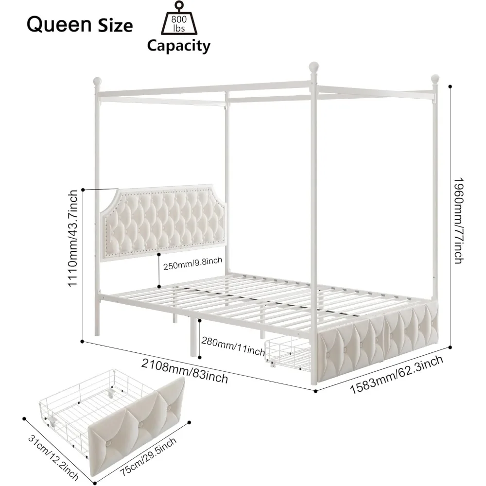 Queen Upholstered Canopy Bed Frame with 2 Drawers and Button Tufted Headboard, Metal Platform Bed with 4 Removable Posts 2