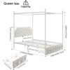 Queen Upholstered Canopy Bed Frame with 2 Drawers and Button Tufted Headboard, Metal Platform Bed with 4 Removable Posts 2