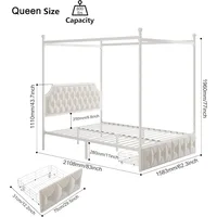 Queen Upholstered Canopy Bed Frame with 2 Drawers and Button Tufted Headboard, Metal Platform Bed with 4 Removable Posts 2