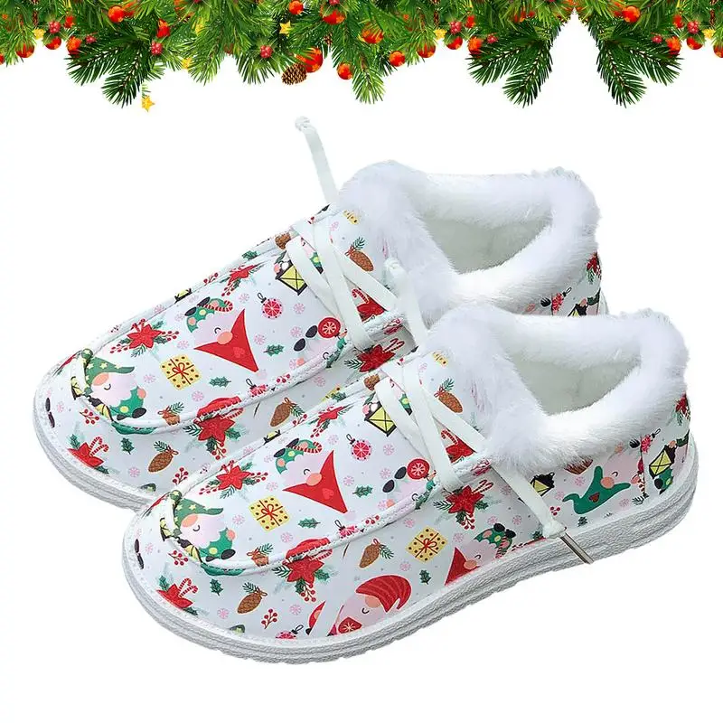 

Snow Boots For Christmas Print Canvas Slip On Flats For Warm Christmas Comfortable To Wear Shoes For Riding Working Hiking