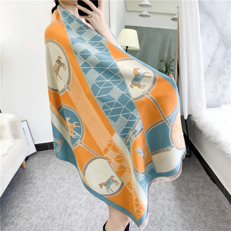 European and American Fashion New Style Carriage Color Matching Warm Scarf Long Double-sided Imitation Cashmere Travel Shawl