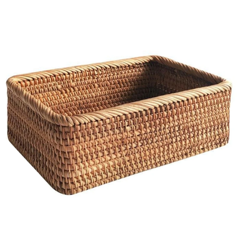 

Hand-Woven Rectangular Rattan Wicker Basket Fruit Tea Snack Bread Picnic Cosmetic Storage Box Kitchen Household Tools-S