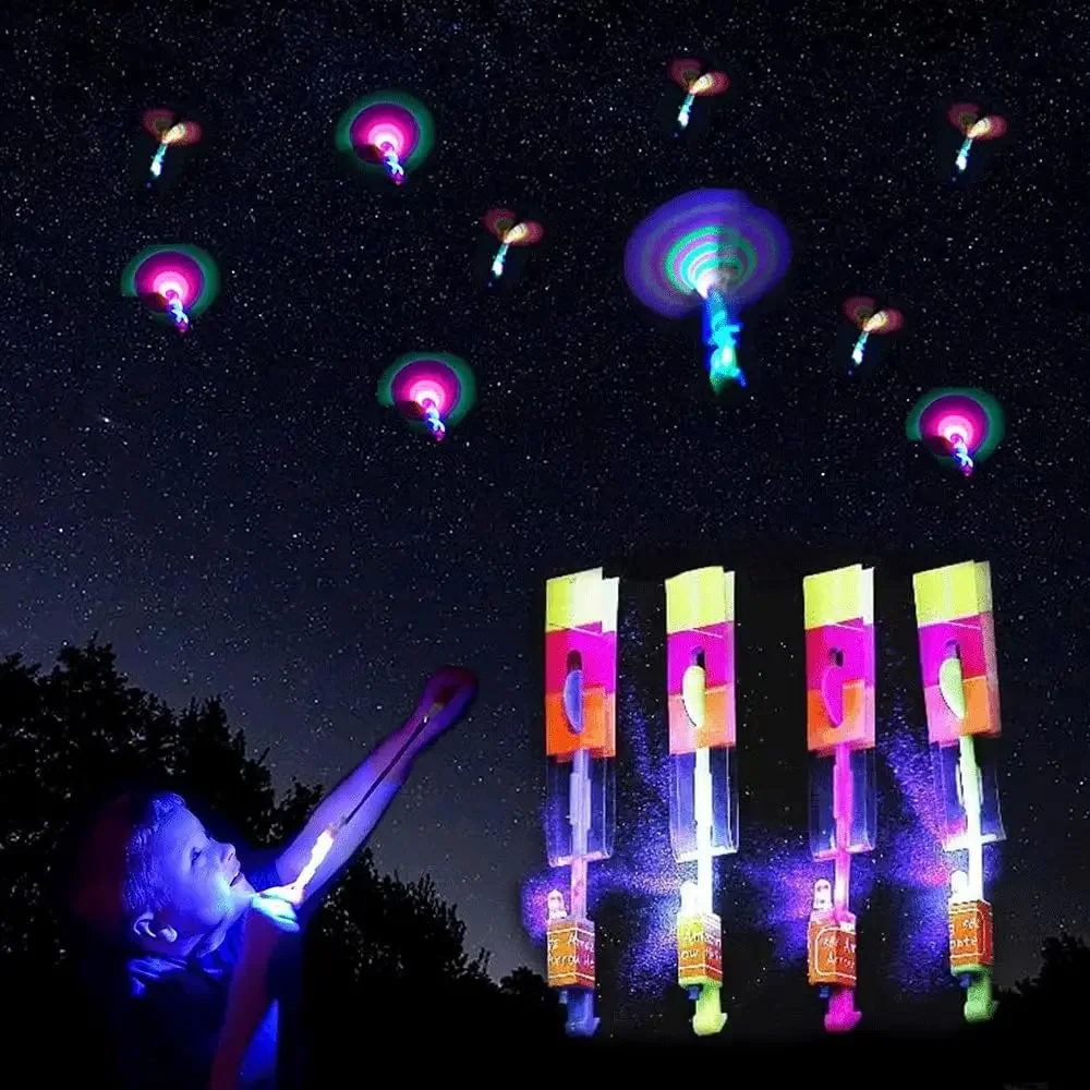 Magic Light Toy Arrow Rocket Helicopter Slingshot Outdoor Flying Toy LED Light Rubber Band Catapult 50pcs party photo props