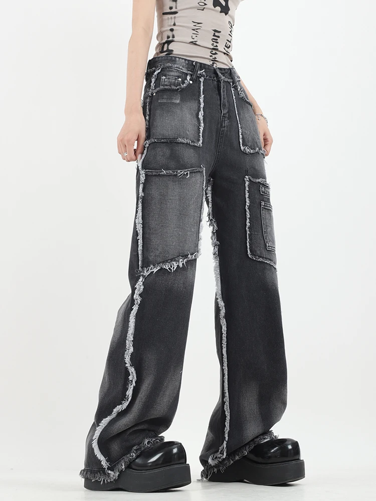 Designer Baggy Jeans Women Ripped Tassels Black High Street Pockets Denim Pants Female 2023 New High Waist Wide Leg Trousers